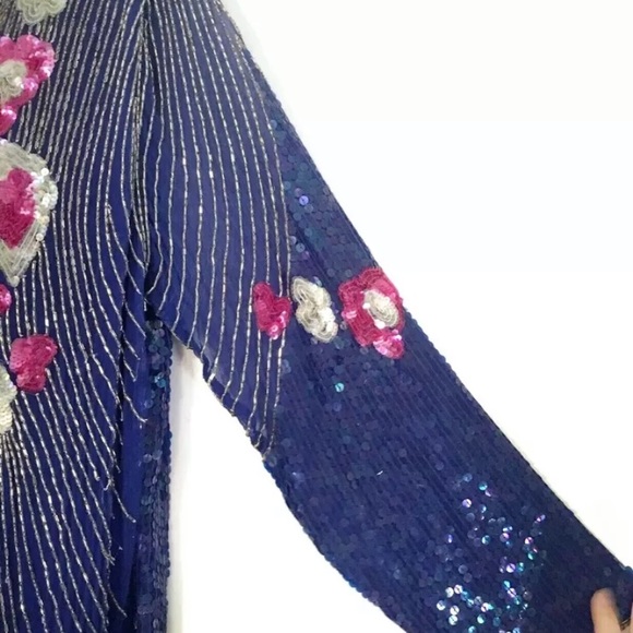 Vintage Royal Blue Sequin Beaded Dress Lined Shoulder Pads Mesh Pink Gold Gatsby - Picture 7 of 13